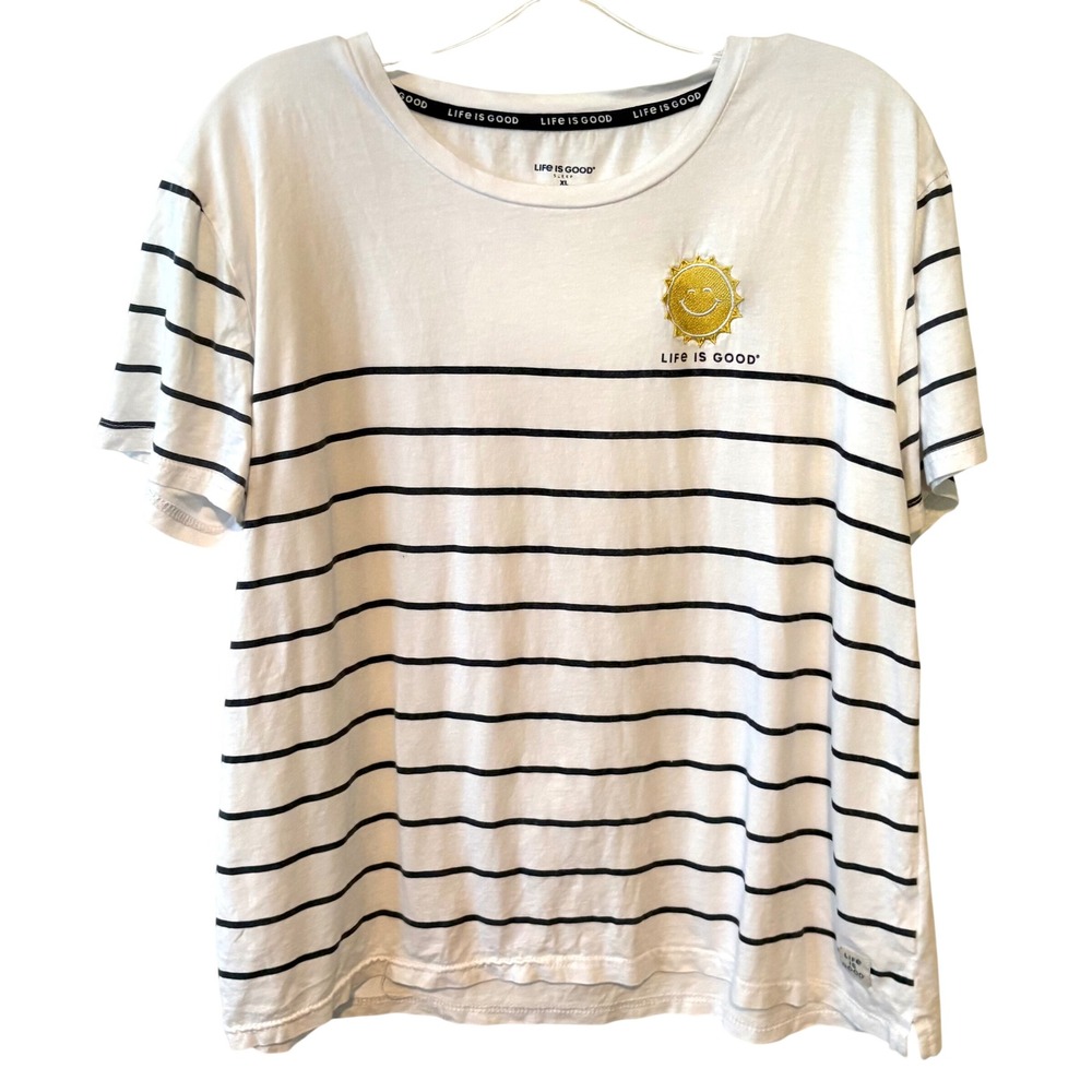 Life is Good White and Navy Striped Embroidered Sunshine Sleep Top in Size XL